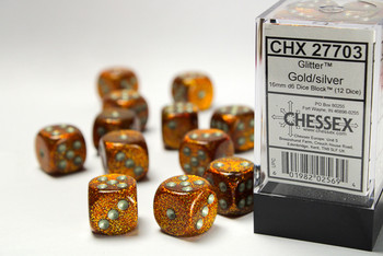 Set of 12 Gold Glitter d6 dice