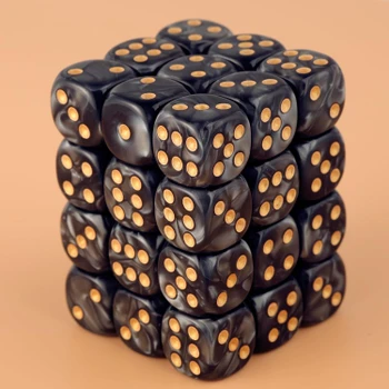 Set of 36 pearlized black dice with gold spots
