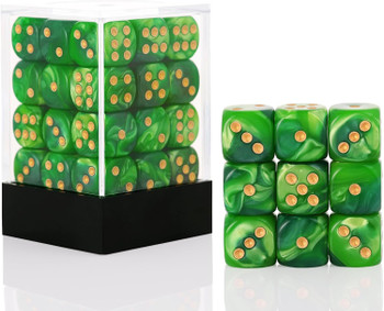 Set of 36 Pearlized Green 12mm 6-Sided Dice with Gold Spots | Dice