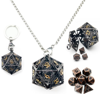 Mini Metal Dice Set with Black d20 Necklace Case