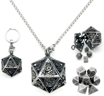 Mini Metal Dice Set with Silver d20 Necklace Case