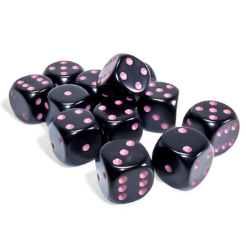 Box of 12 16mm opaque black dice with pink spots