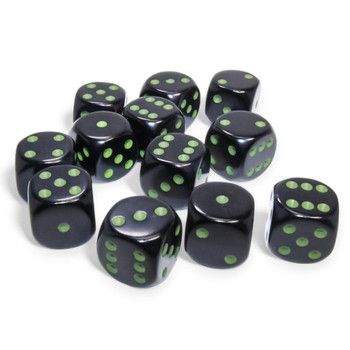 Box of 12 opaque black dice with green spots