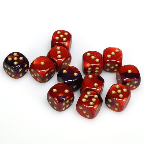 Set of 12 Gemini d6 dice - Purple and red with gold spots