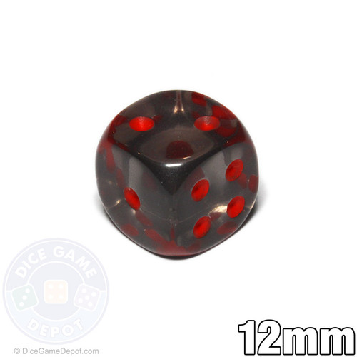 Transparent 12mm round-corner dice - Smoke with Red Spots