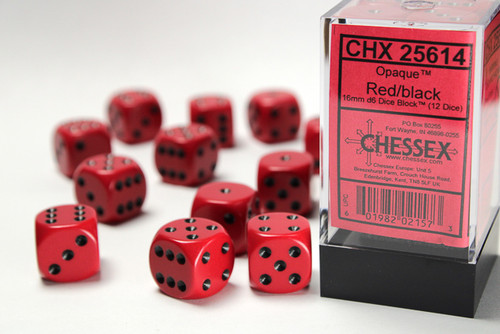 Block of 12 red round-corner dice with black spots - 16mm
