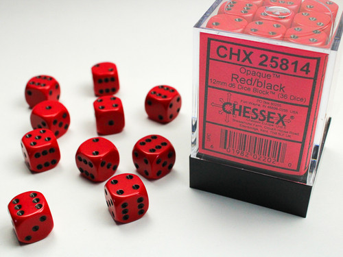 Block of 36 red 12mm dice with black spots