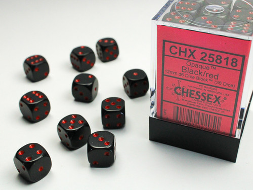 Block of 36 black 12mm dice with red spots