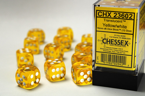 Block of 12 yellow translucent round-corner dice - 16mm