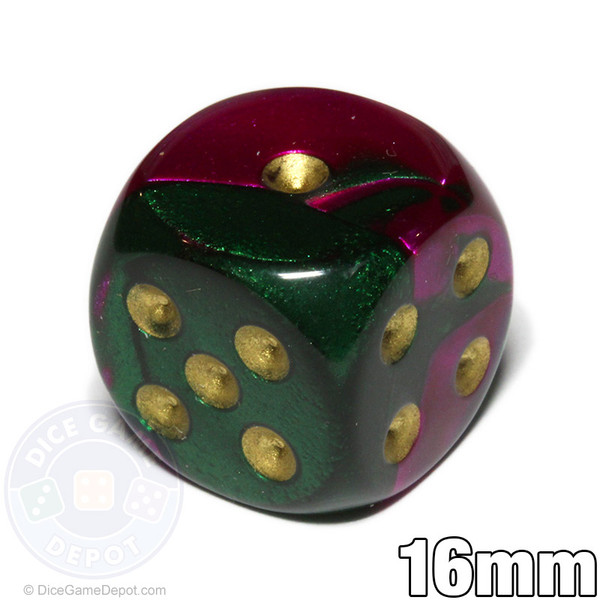 Gemini d6 dice - Green and purple with gold spots