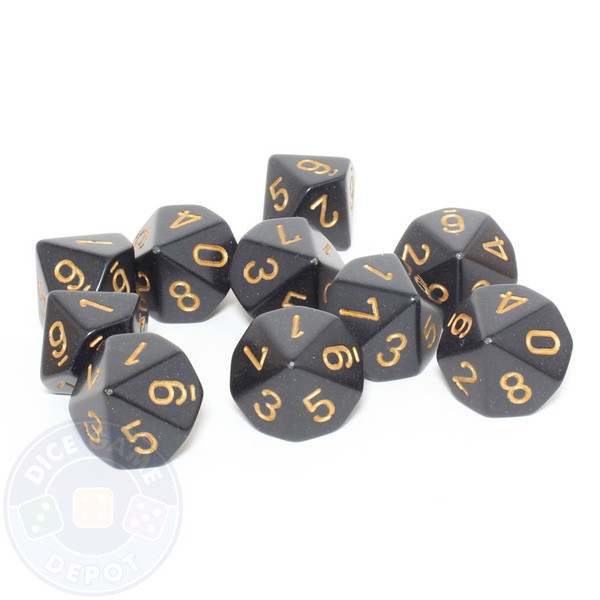 d10 set of ten black dice with gold numbers