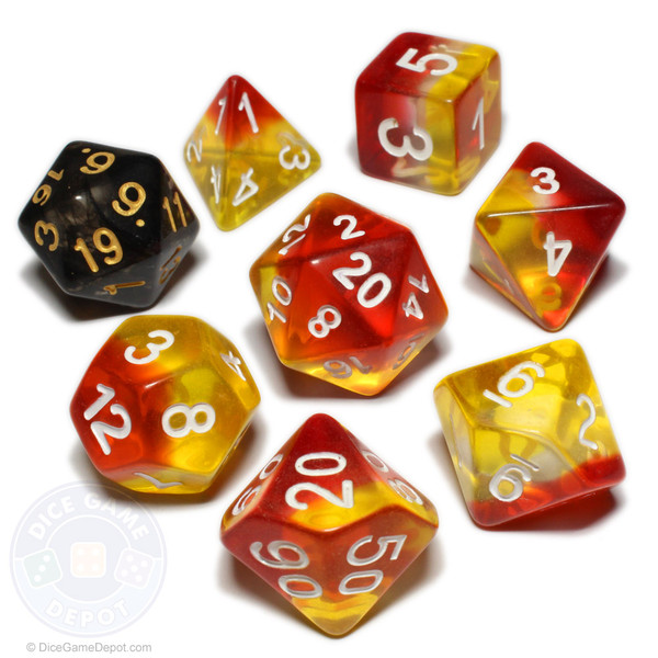 Red and yellow transparent dice set