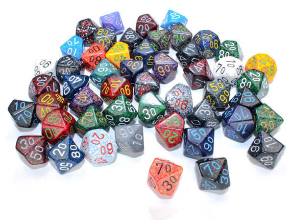 Assorted percentile 10-sided dice - 16mm speckled dice - Set of 50 d10s