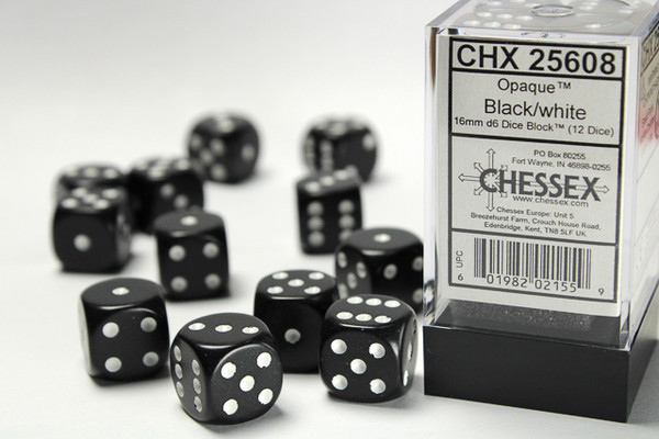 Set of 12 black round-corner dice - 16mm 