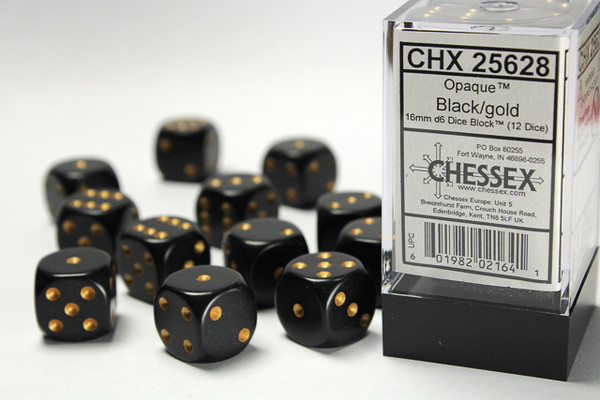 Set of 12 black round-corner dice with gold spots - 16mm 