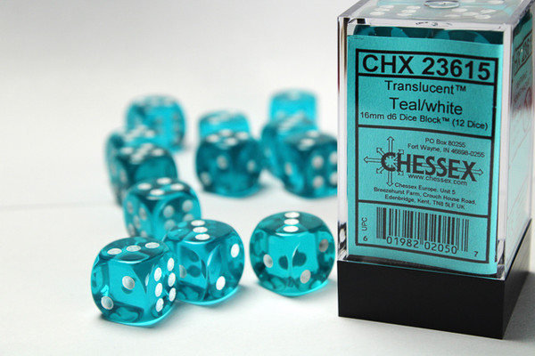 Block of 12 translucent teal dice