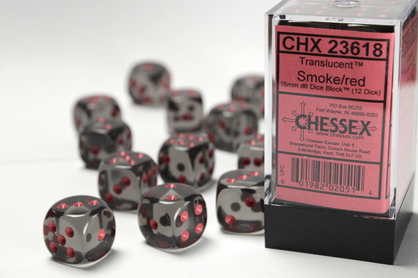 Block of 12 translucent gray dice with red spots