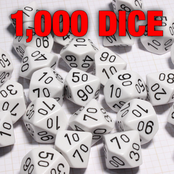 Bulk dice set of 1,000 white percentile d10s