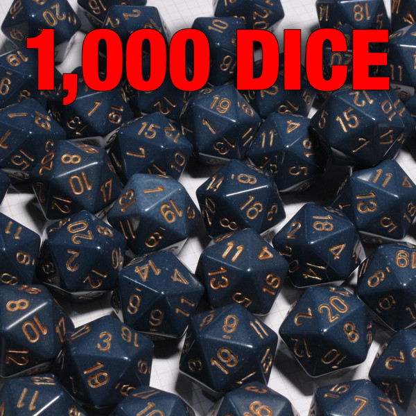 Bulk dice set of 1,000 dusty blue d20s