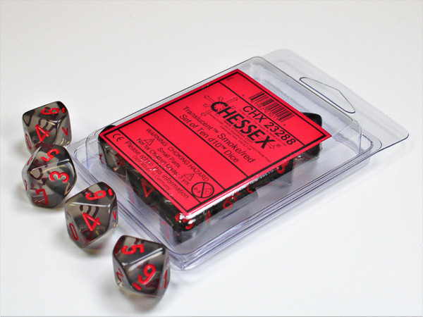 d10 set of 10 smoke translucent dice with red numerals