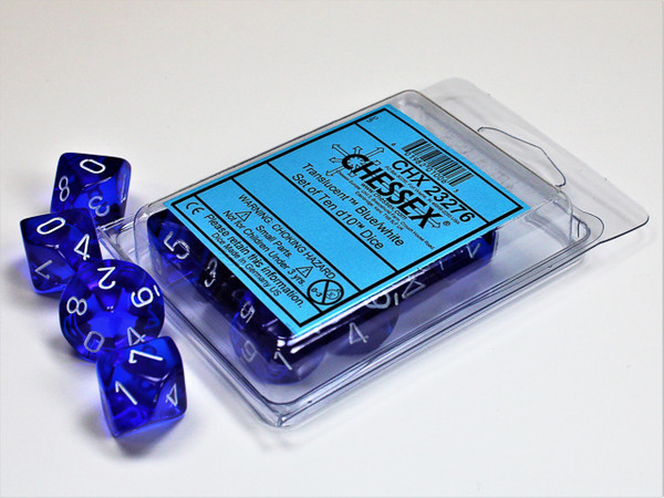 d10 set of 10 blue translucent dice