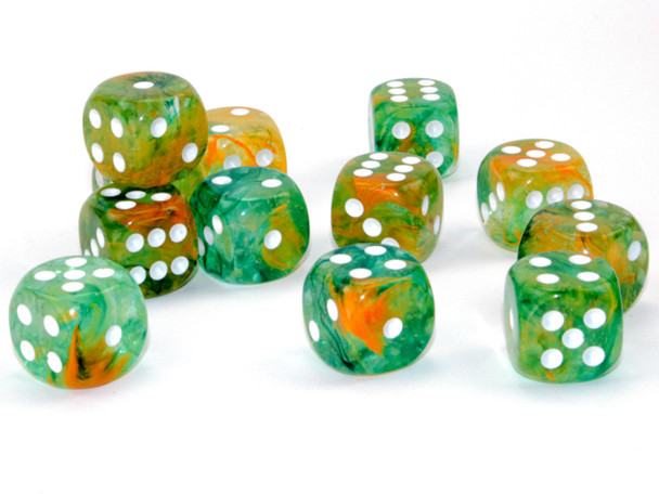 Set of 12 Nebula d6 dice - Green and orange with white spots