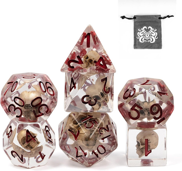 Skull dice set - 7 translucent polyhedral DnD dice