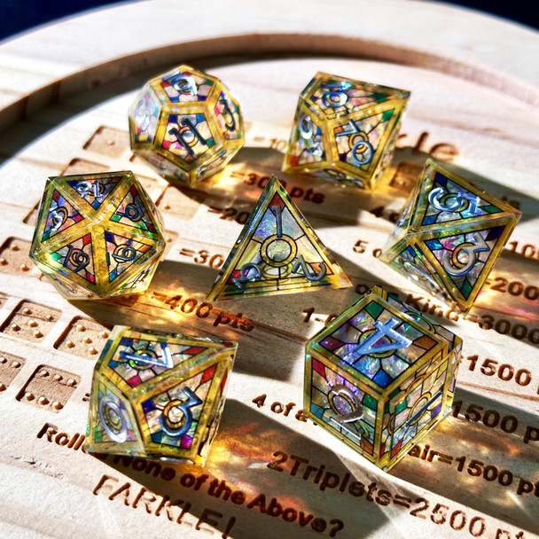 Yellow Chapelglass Dice Set - Stained-glass effect in beautiful resin dice