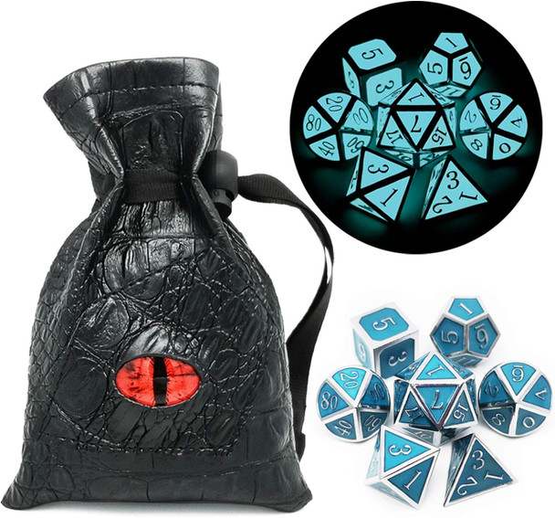 Glow In The Dark Silver Metal DnD Dice Set - Blue