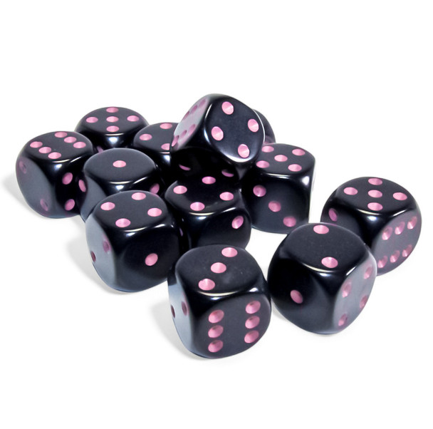 Box of 12 16mm opaque black dice with pink spots