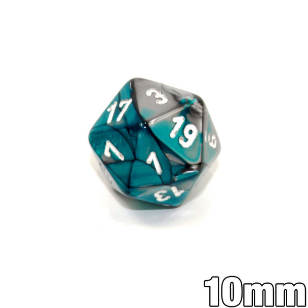 20-sided mini 10mm Gemini Steel and Teal dice