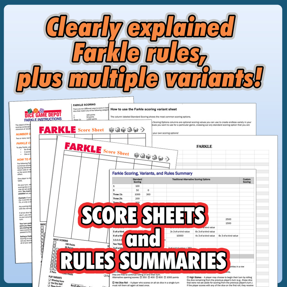 Farkle Game Pack - Rules, scoresheets, and exclusive Farkle games | Dice Game Depot