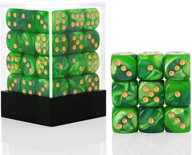 Set of 36 Pearlized Green 12mm 6-Sided Dice with Gold Spots | Dice