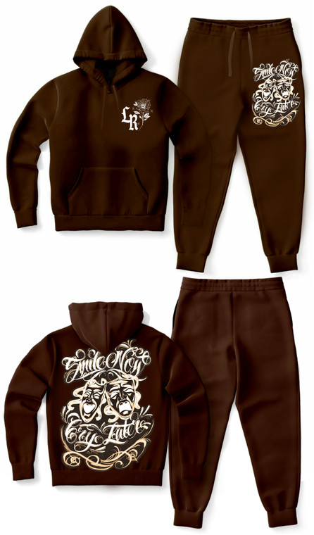 'Smile Now Cry Later' Airbrush Premium Pullover Hoodie & Jogger SET (BROWN)