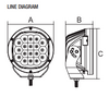 Line Drawing - Dominator EXTREME 9 inch Driving Light. Spot Beam. 150 watt, 10500 Lumens per light. 900m of light. Dimensions - A = 220 x B = 95 x C = 240mm