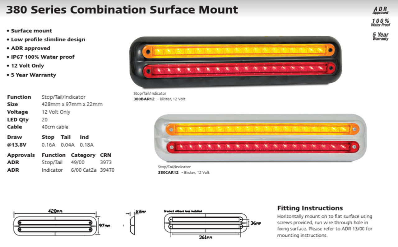 Data Sheet - 380BAR12 - Slim Line Strip Combination Light. Stop, Tail, Indicator Light 12v Blister Single Pack Double Bracket. Caravan Friendly. LED Auto Lamps. Ultimate LED. 