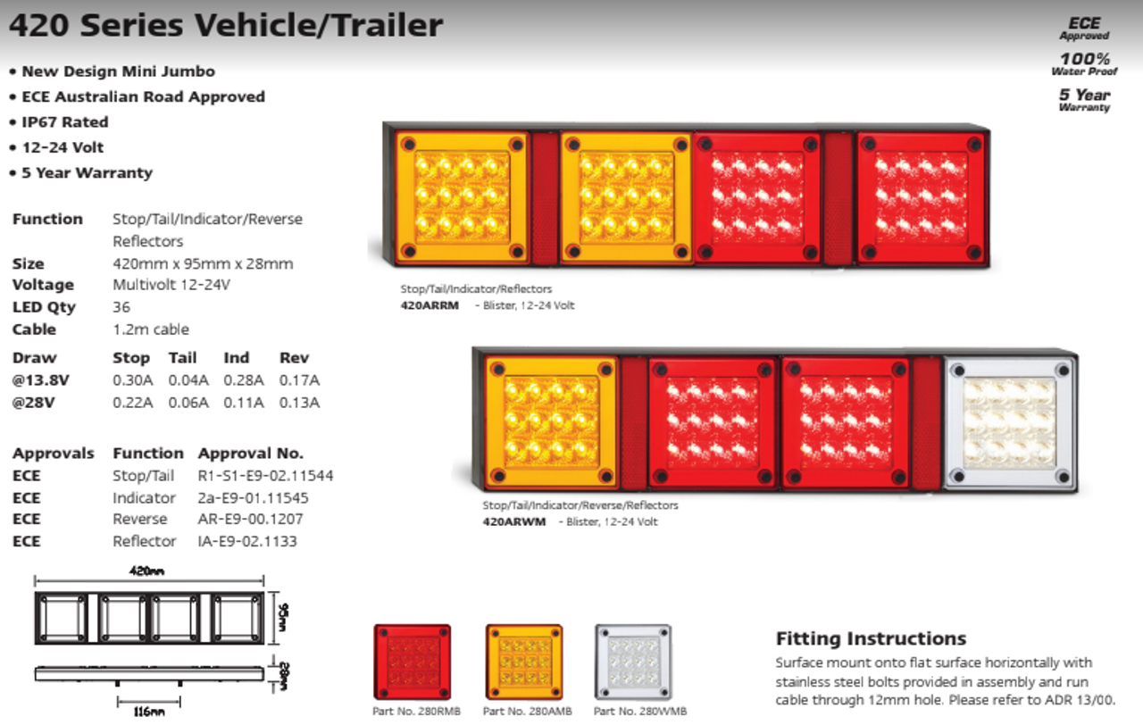 Data Sheet - 420AARRM - Combination Tail Lights. Stop, Tail, Indicator, Reflector Light Multi-Volt 12v & 24v. Caravan Friendly. Blister Single Pack. LED Auto Lamps. Ultimate LED.