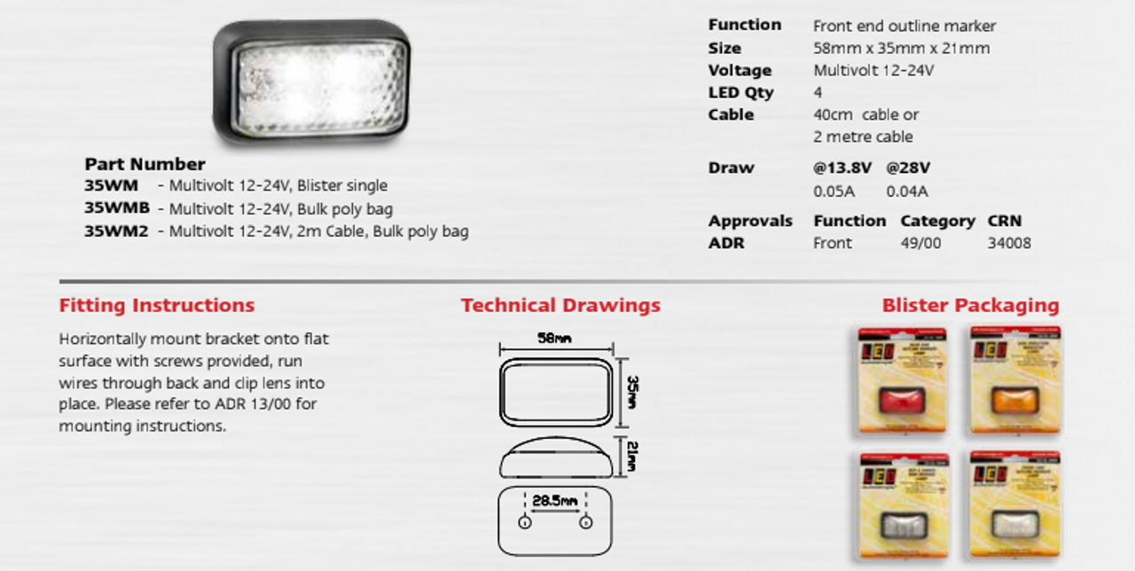 35WM Front End Outline Marker Light Multi-Volt 12v & 24v. Caravan Friendly. Blister Single Pack Black Housing Clear Lens & White LED. LED Auto Lamps.