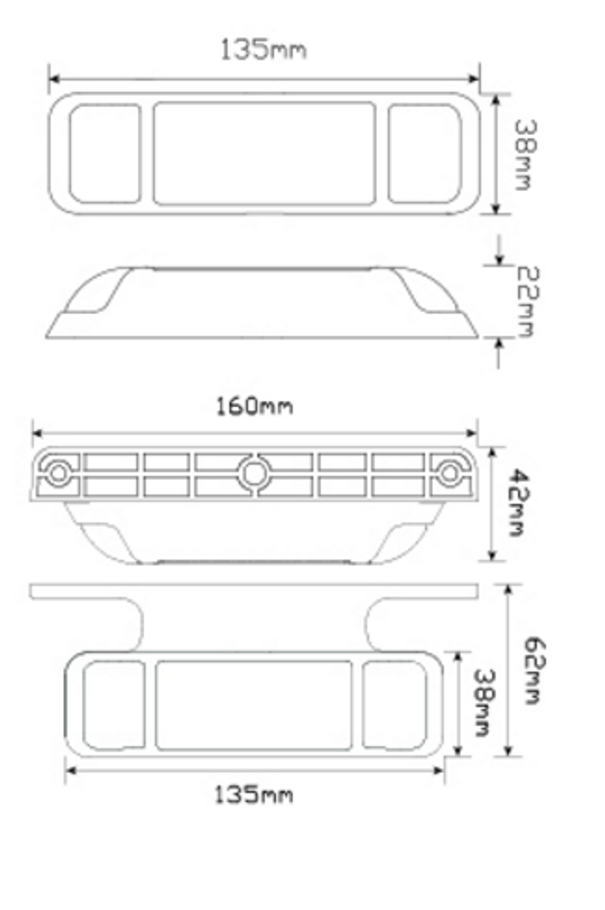 Line Drawing - 38AM - Side Direction Indicator Marker Light with Reflex Reflector Multi-Volt 12v & 24v. Caravan Friendly. Blister Single Pack Black Housing Amber Lens & Amber LED Low Profile. LED Auto Lamps. Ultimate LED. 