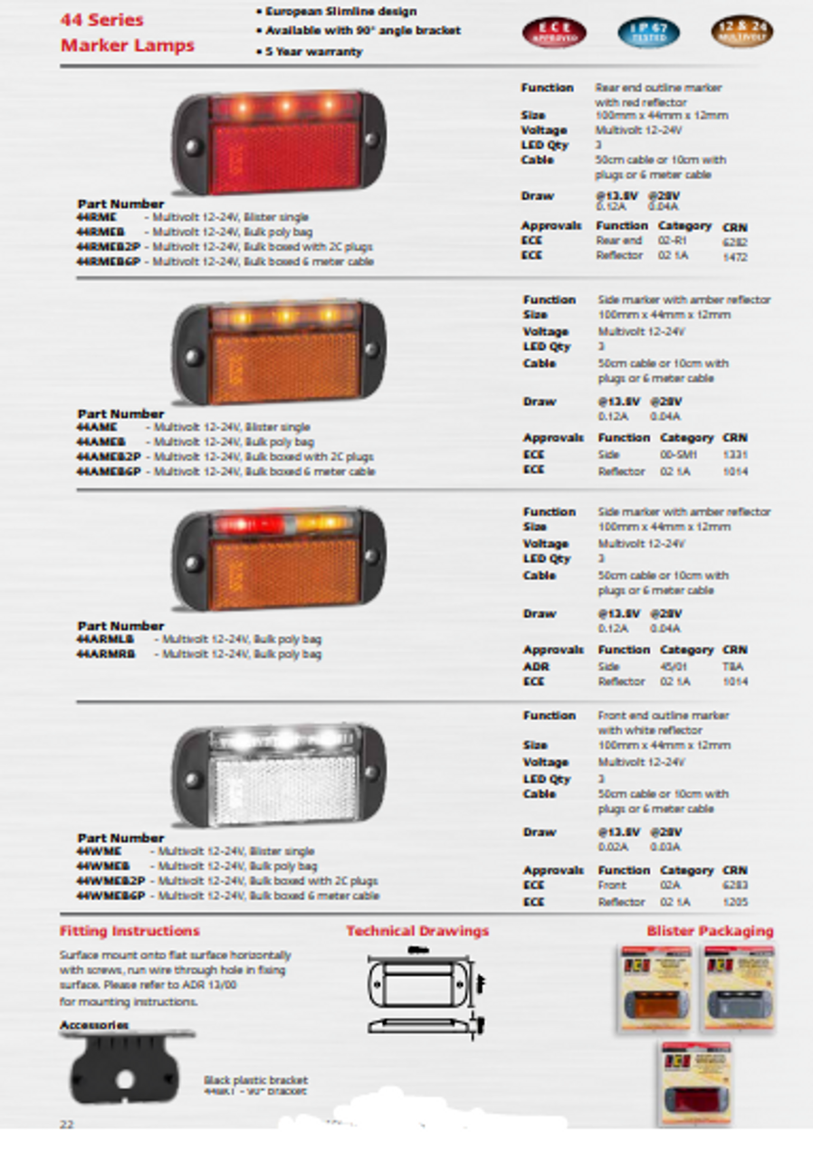 Data Sheet - 44ARMLB - Side Marker Marker Light with Amber Reflector Multi-Volt 12v & 24v. Caravan Friendly. Blister Single Pack LEFT SIDE ONLY Black Housing Clear Lens & Amber, Red LED. LED Auto Lamps. Ultimate LED.  
