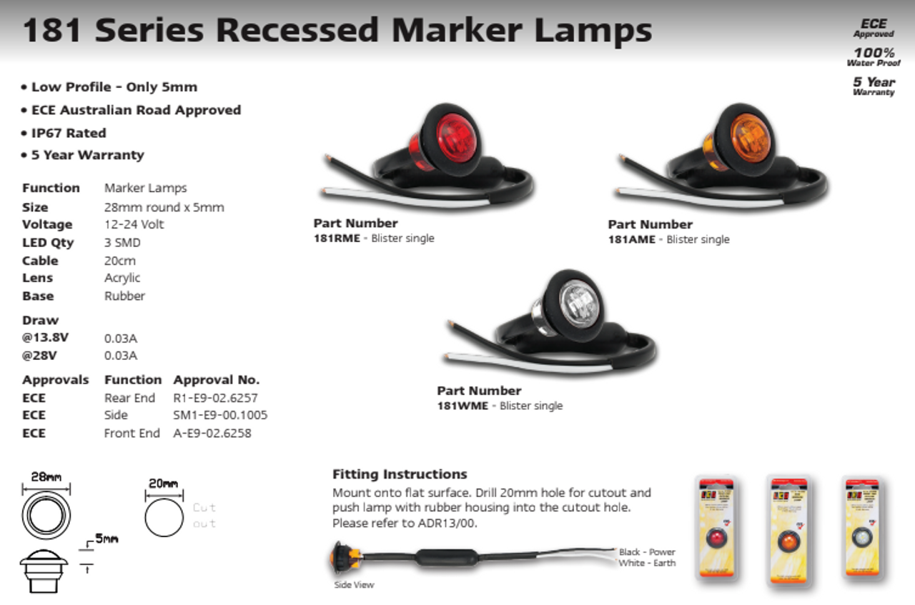 Data Sheet - 181AME - Side Marker LED Light. 181 Series Rubber Housing Multi-Volt 12v & 24v 28mm Round Blister Single Pack Amber Lens & Amber LED. LED Auto Lamps. Ultimate LED.