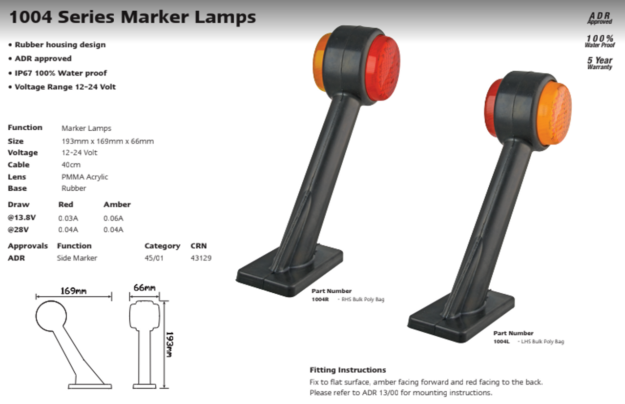 Data Sheet - 1004R - Red and Amber Right Side Marker Light 12v, Black Rubber Housing. Single Pack. LED Auto Lamps. Ultimate LED. 