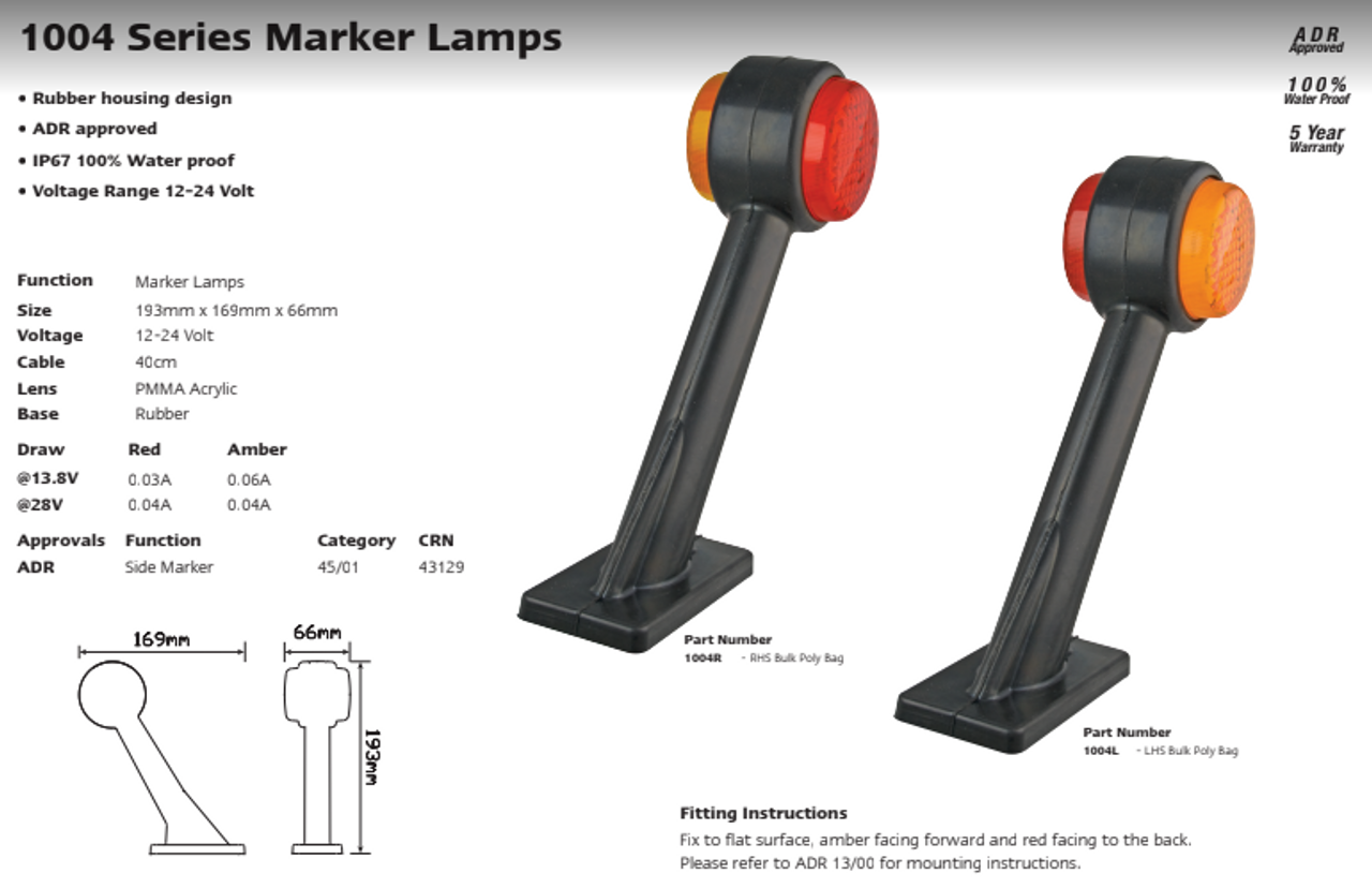 Data Sheet - 1004L - Red Amber Left Side Marker Light 12v, Black Rubber Housing. Single Pack. LED Auto Lamps. Ultimate LED. 