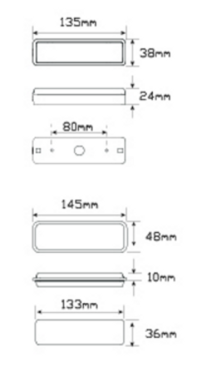 Line Drawing - 135RM Stop Tail Multi-volt 12v & 24v Single Pack. AL. Ultimate LED. 