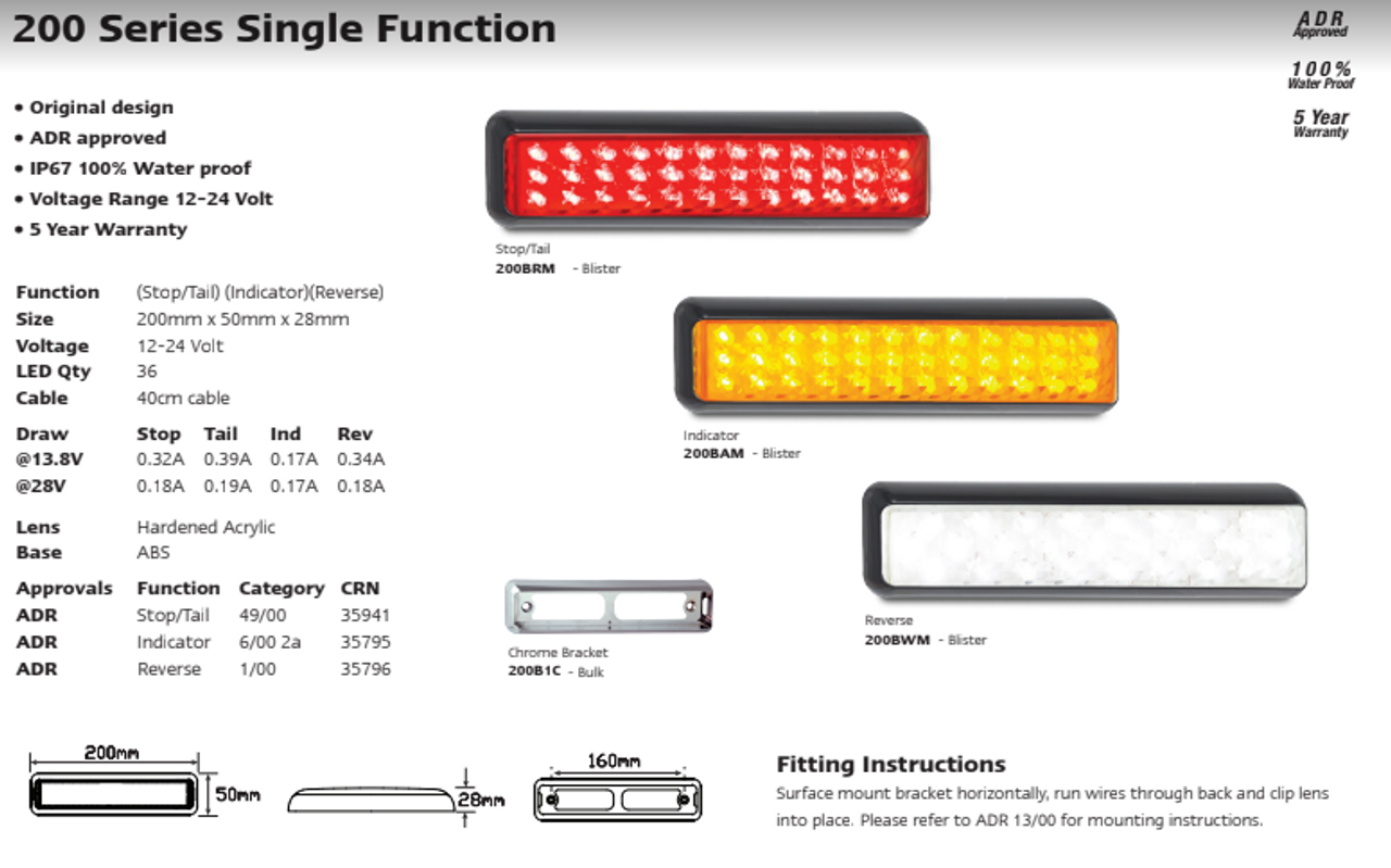 Data Sheet - 200BRM - Stop Tail Light Single Function Lamp Multi-Volt 12v & 24v. Black Housing Red Lens & Red LED. LED Auto Lamps. Ultimate LED. 