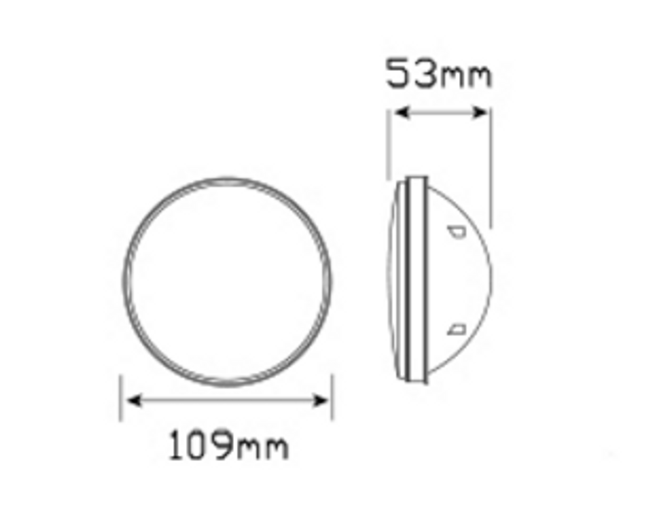 Line Drawing - 110WMG - Reverse light Round, Multi-Volt 12v & 24v with Black Grommet & Plug included Single Pack. Clear Lens & White LED. LED Auto Lamps. Ultimate LED. 