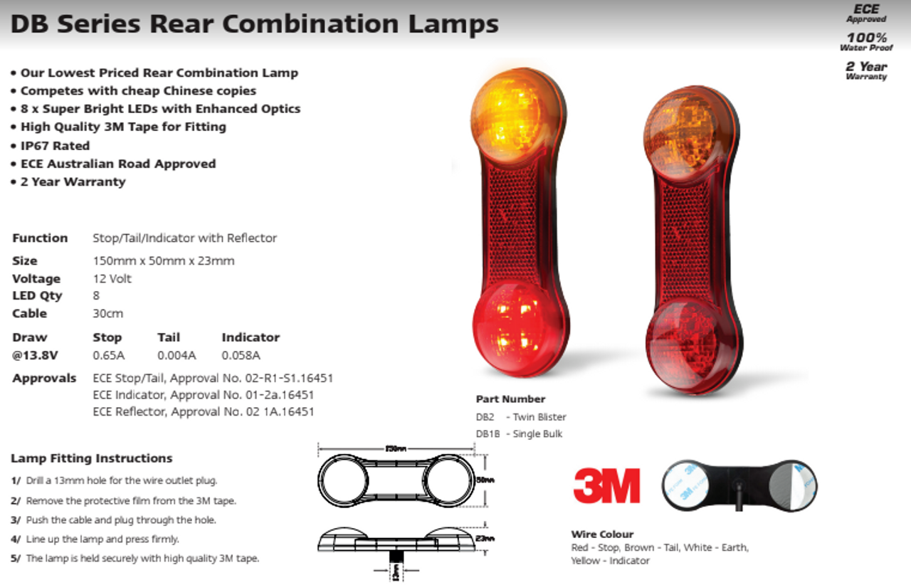 Data Sheet - DB2 - Stop, Tail, Indicator, Reflector, 12v Twin Pack 30cm Cable. Autolamp. Ultimate LED. 