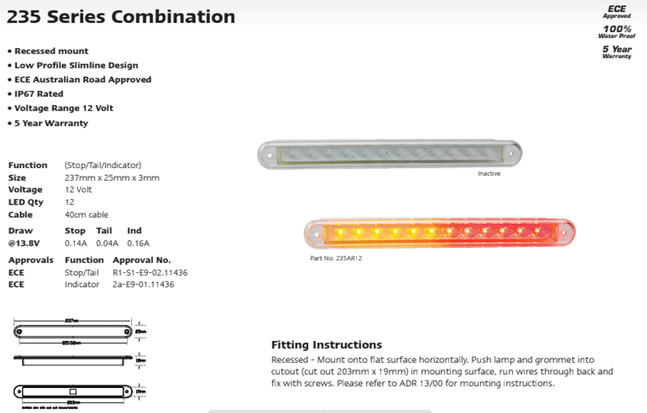 Data Sheet -  235AR12 Stop, Tail & Indicator  LED Rear Light. 12v Single light. AL. Ultimate LED. 