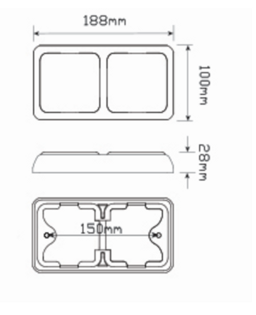 Line Drawing - 80BARM - Stop Tail Indicator Light Double Light Bar Multi-Volt 12v & 24 Volt Systems. Black Housing Red and Amber Lens & Red and Amber LED. Caravan Friendly. LED Auto Lamps. Ultimate LED. 