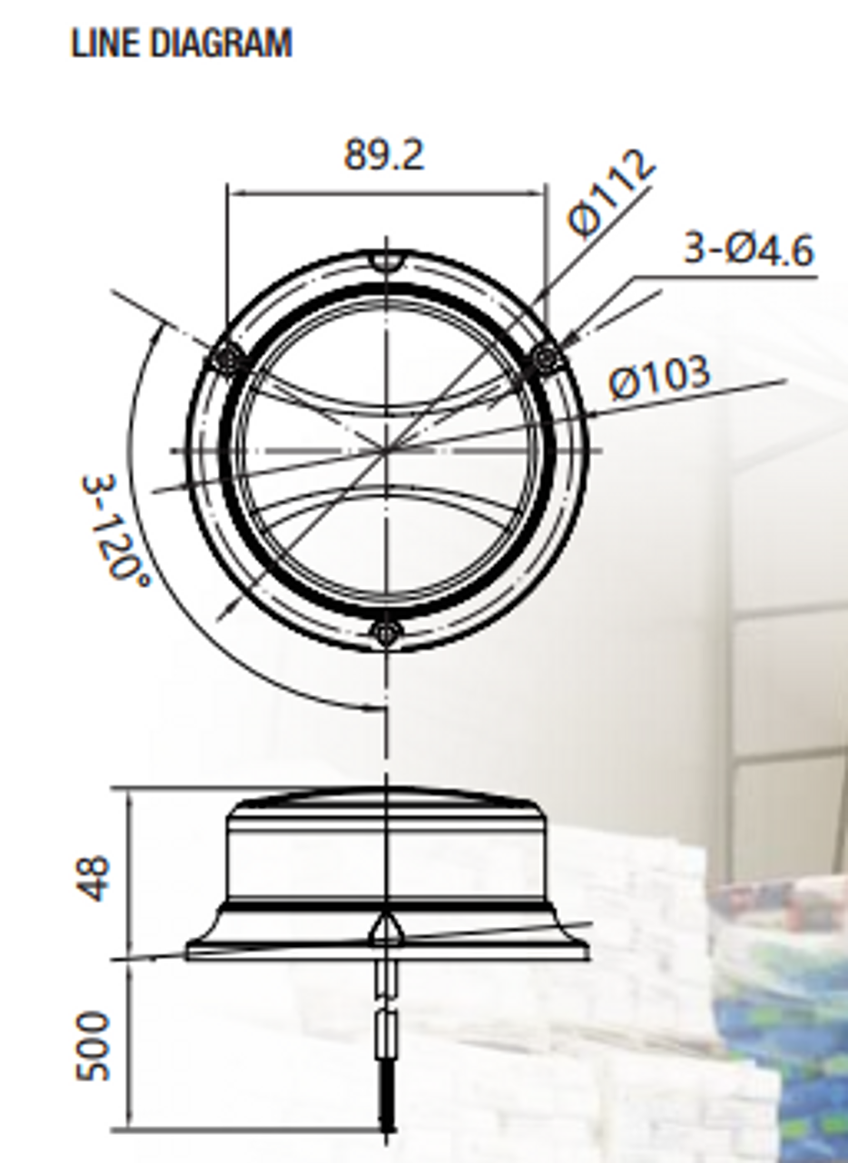 Line Drawing - RB112MY - Low Profile, Amber Safety Rotation and Strobe Beacon.  Magnetic Mount. 10-30v DC. Class 1 Certified. Roadvision. Ultimate LED. 